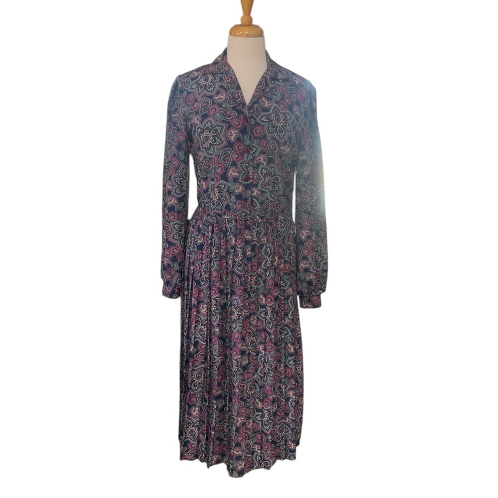 Vintage 80’s blue and pink long sleeved pleated skirt paisley print dress sze 6